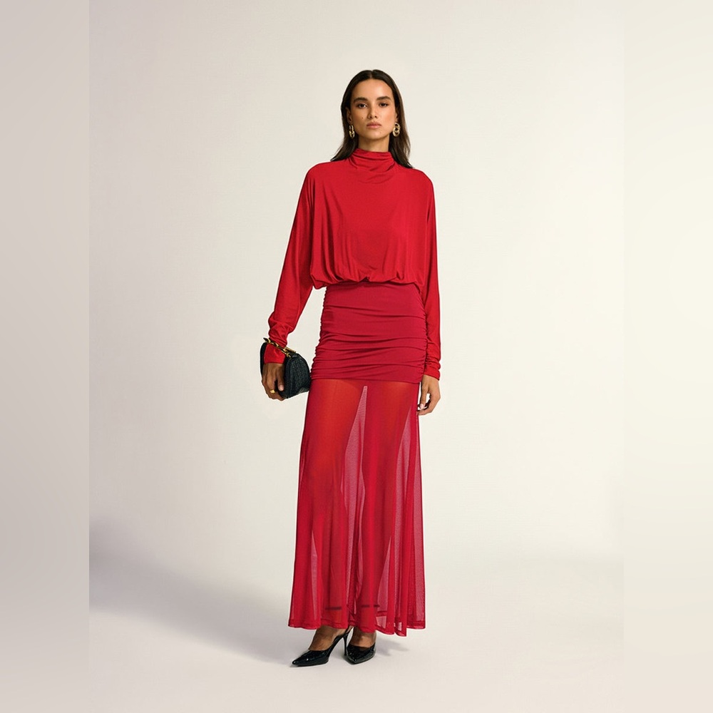 Commense Turtleneck Long Sleeve Drape Ruched Mesh Dress NWT